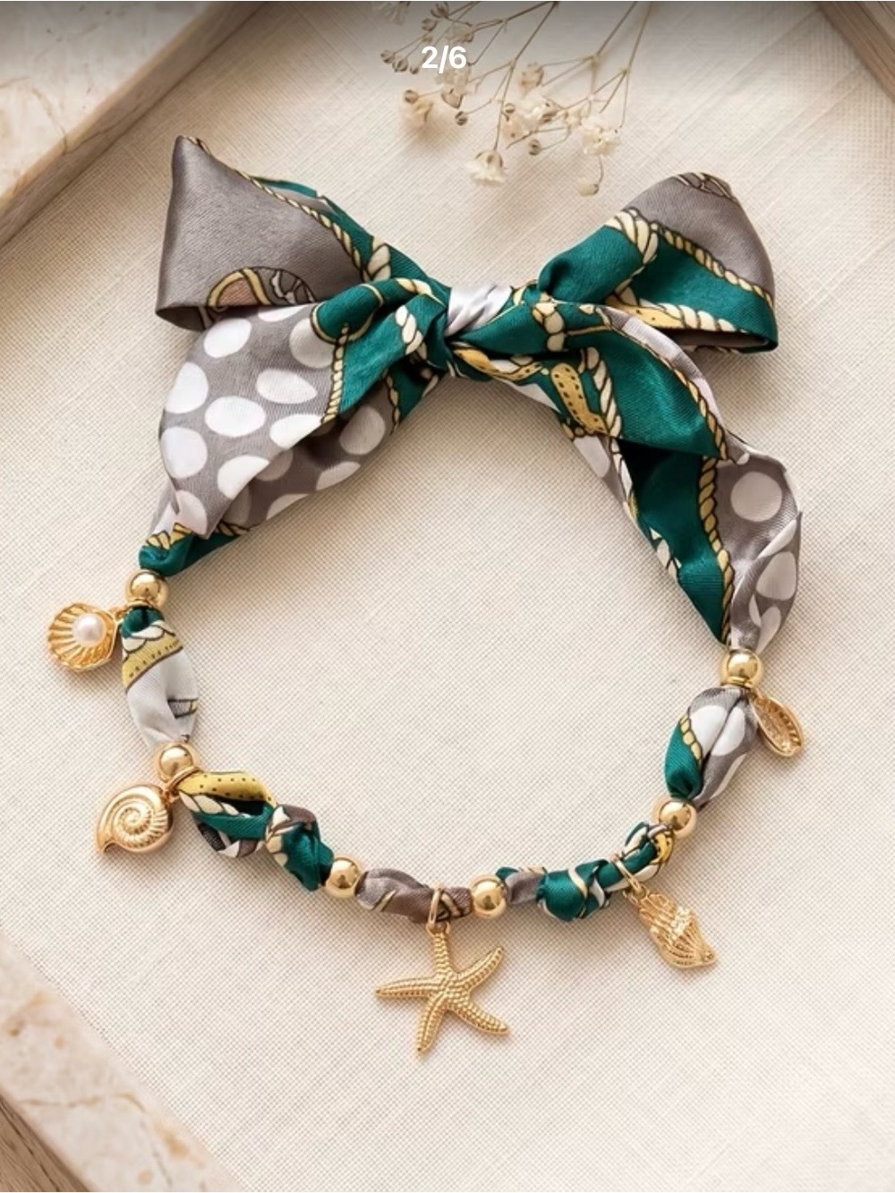 Gold Charm Scarf Necklace with Green and Gray Bow